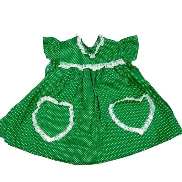 Vintage Handmade Girls Green Polka Dot Spring Dress Lace Trim Front Pockets - Picture 4 of 8